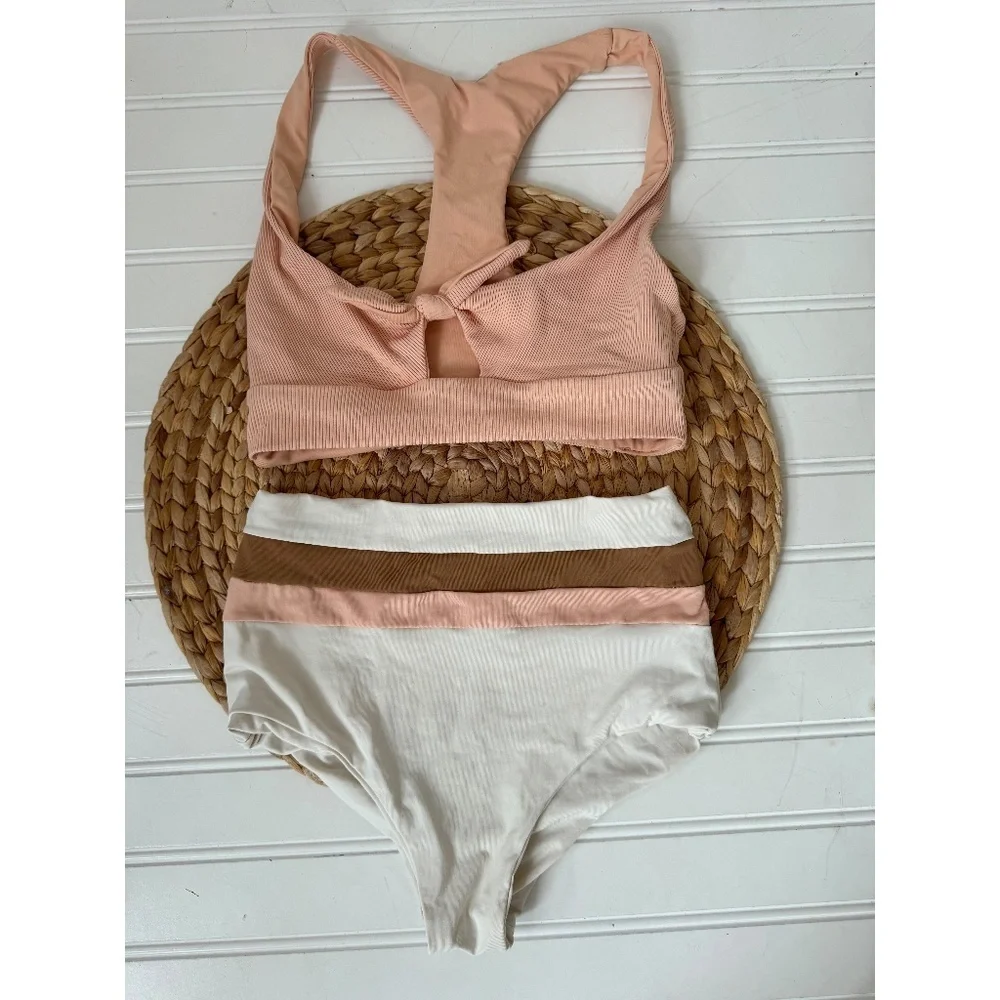 L *Space Tara Ribbed Top and Portia Stripe Bikini Bottom Cream XS